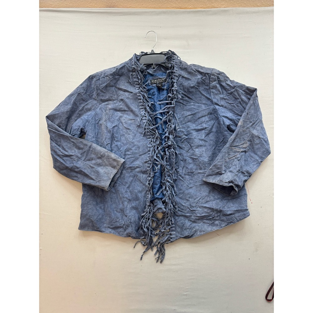 Dialogue Blue Suede Leather Fringe Jacket Western Boho Open Front 1X AD1762